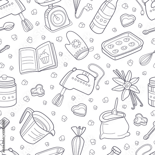 Pattern from the contours of kitchen items. Vector illustration.