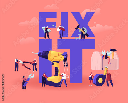 Home Repair and Renovation Concept. Tiny Male and Female Characters Holding Huge Tools for Construction Works Drill Hammer Wrench. Fix it Poster Banner Flyer Brochure. Cartoon Flat Vector Illustration