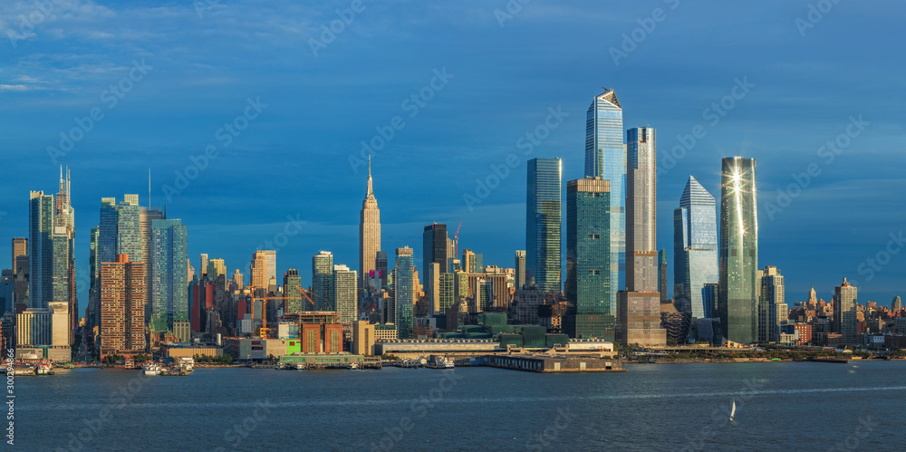 Panoramic view to West Side of Manhattan Skyline from Hamilton Park, Weehawken, across Hudson River.