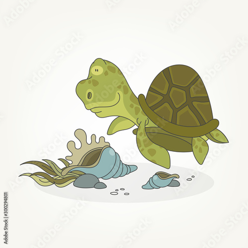 Cartoon character of a reptile. Funny cute wise waterfowl turtle posing next to underwater shells and plants. Vector illustration