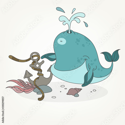 Cartoon character of a water inhabitant. Funny cute whale swims and poses next to the sunken anchor. Vector illustration