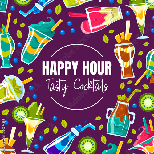 Circle with the inscription Happy hour Testy cocktails on a purple background. Vector illustration.