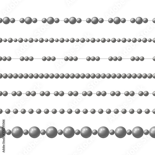 Gray realistic steel bead chain. Vector set of realistic seamless pattern