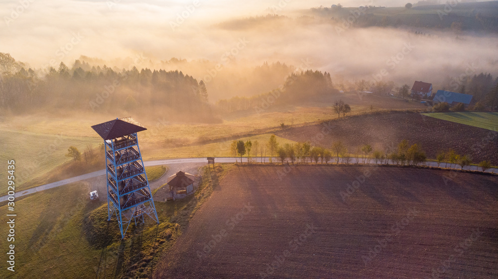 Look Out Tower in Brusnik,Ciezkowice. Polish Landscape at Foggy Sunrise