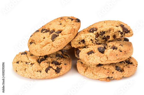 Homemade cookies. Whole and broken sweet cookies with chocolate chips. Tasty biscuit in high resolution close-up  isolated on white background with small shadows. Homemade bakery.