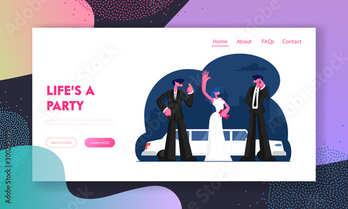 Gala Show Website Landing Page. Young Woman Celebrity Waving Hand near Limousine. Girl with Guardians on Red Carpet Award Ceremony. Luxury Lifestyle Web Page Banner. Cartoon Flat Vector Illustration