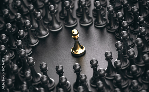 Bild auf Leinwand 3D illustration of black pawns around a golden one standing out from the crowd