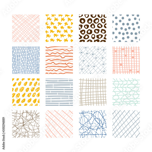 Set of abstract colored squares. Hand drawn backgrounds. Design elements. Doodle drawings. Simple scratchy textures. Modern ethnic ornaments. Pattern