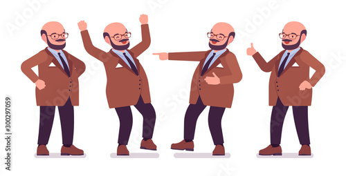 Chubby heavy man with belly positive emotions. Overweight, fat body shape. Middle age bold guy, kind civil service worker. Big men fashion plus size formal wear. Vector flat style cartoon illustration