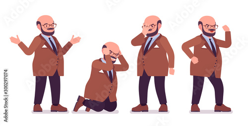 Chubby heavy man with belly negative emotions. Overweight, fat body shape. Middle age bold guy, kind civil service worker. Big men fashion plus size formal wear. Vector flat style cartoon illustration