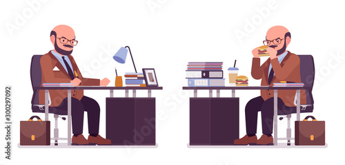 Chubby heavy man with belly sitting at desk. Overweight, fat body shape. Middle aged bold guy, kind civil service worker. Big men fashion, plus size formal wear. Vector flat style cartoon illustration