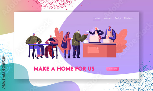 Poor Men Women Stand in Queue Get Warm Food Website Landing Page. Night Shelter for Homeless, Temporary Residence for Bums and Beggars without Home Web Page Banner. Cartoon Flat Vector Illustration