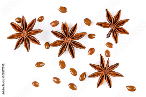 Anise star. Four star anise fruits with seeds. Close up Isolated on white background, flat lay view of chinese badiane spice or Illicium verum.