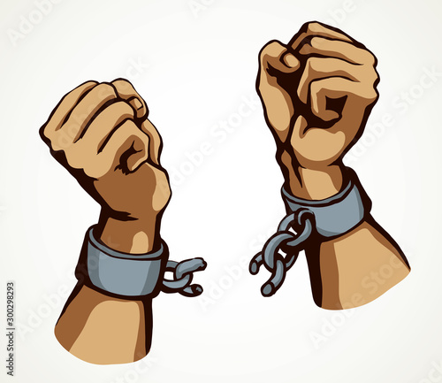 Hands tearing shackles. Vector drawing
