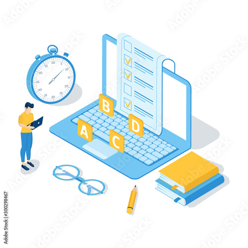 Concept of online exam, online testing, questionnaire form, online education, survey, internet quiz. Isometric vector illustration.