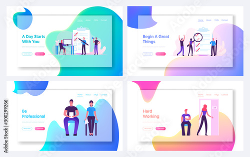 Job Interview and Checklist Schedule Website Landing Page Set. Business People Applicants Waiting Work Negotiation. Employees Filling Check List Plan Web Page Banner. Cartoon Flat Vector Illustration