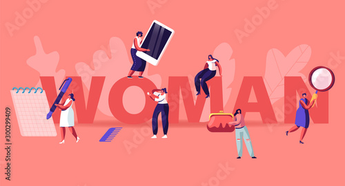 Woman Lifestyle Concept. Tiny Female Characters Holding Different Tools and Items Characterizing their Way of Life Femininity and Feminism Poster Banner Flyer Brochure Cartoon Flat Vector Illustration
