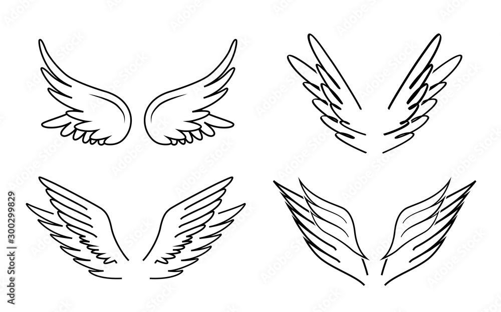 Obraz premium Wings silhouettes set of icons. Vector illustration isolated on white background. Ready for your design. EPS10.