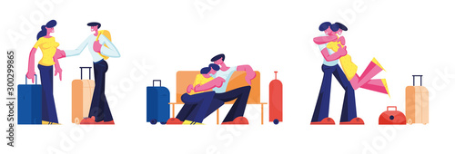 Young Loving Couple Traveling Set. Man and Woman with Luggage Waiting Boarding in Airport Sitting in Terminal. Boyfriend Meeting Girlfriend with Baggage. Spouse Trip Cartoon Flat Vector Illustration