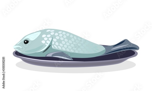 Whole raw, salted or smoked bright silver fish is on plate. Marinated herring, salmon, pink humpy. Seafood preparation process. Vector cartoon illustration isolated on white background.