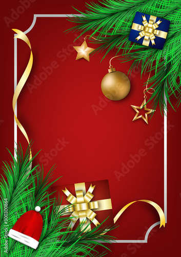 red christmas background wth christmas decoration. vector illustration