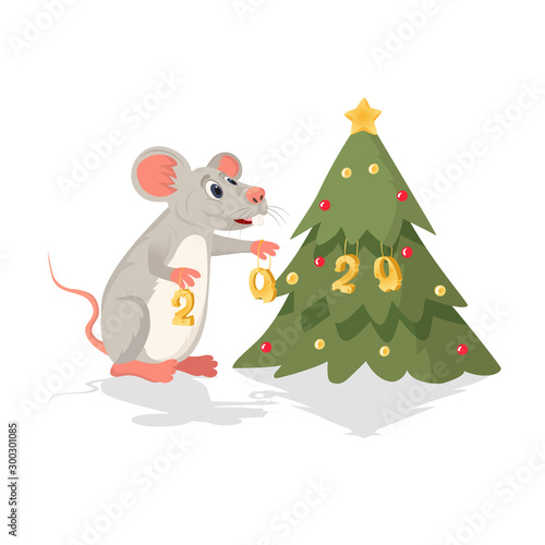 Happy New year 2020. Christmas tree and mouse or ratwith figures 2020 of cheese. Chinese New year symbol of 2020 new year.