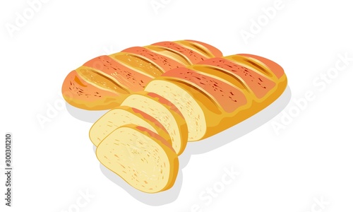 Wheaten French bread, long loaf, baguette with crackling crust. Cutted to slices, pieces for eaten, toasts, sandwiches, sarnies. Cartoon vector icon isolated on white for menu, advertising, recipe.