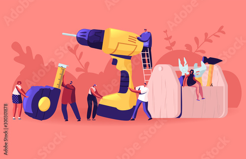 People with Diy Tools. Architect or Engineer Workers Male and Female Characters Holding Huge Instruments for Home Renovation Works. Handyman Engineering Occupation Cartoon Flat Vector Illustration