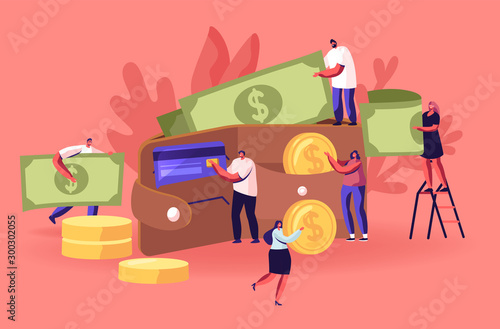 Business People Walking around of Huge Purse Full of Money. Cash and Credit Cards Concept, Tiny Men and Women Characters Holding Huge Golden Coins and Currency Bills. Cartoon Flat Vector Illustration