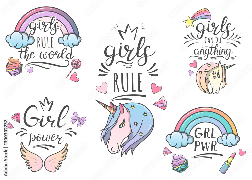 Feminist and motivational lettering, unicorns and rainbow