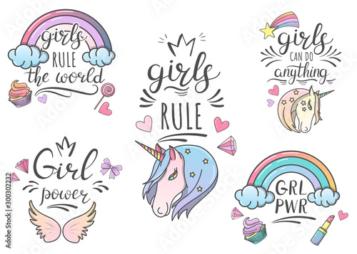Feminist and motivational lettering  unicorns and rainbow