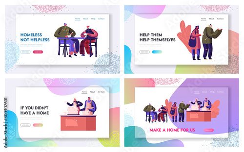 Charity and Support Homeless People, Emergency Housing Website Landing Page Set. Volunteering and Donation to Beggars, Volunteers Feeding Poor Bums Web Page Banner. Cartoon Flat Vector Illustration