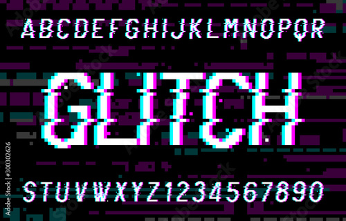 Glitch alphabet font. Pixel distorted letters and numbers. 80s arcade video game typescript.