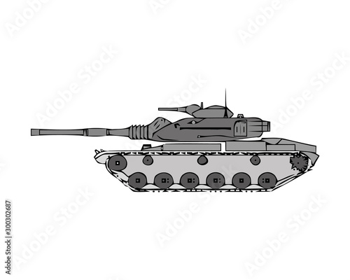 Military tank isolated on white. Armoured fighting vehicle designed for front-line combat, with heavy firepower, strong armour