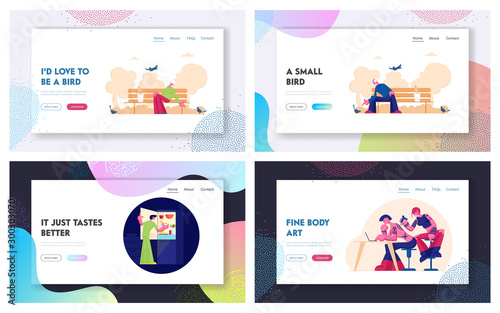 Seniors Feed Birds, Night Food, Tattoo Salon Website Landing Page Set. Aged People Feeding Pigeons in Park. Man Eating at Nighttime, Tattooing Master Web Page Banner. Cartoon Flat Vector Illustration
