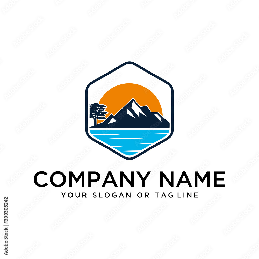 logo design mountains, rivers and sun logo vector template