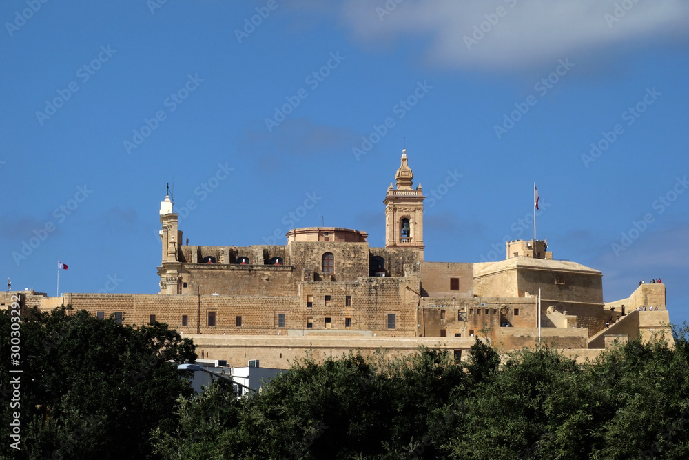St. John's Cavalier and the cathedral of the Cittadella, also known as the Castello, the citadel of Victoria on the island of Gozo, Malta