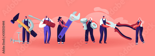Professional Construction Workers with Tools. Tiny Characters in Uniform Overalls Standing in Row with Huge Instruments and Equipment for Home Repair and Renovation. Cartoon Flat Vector Illustration