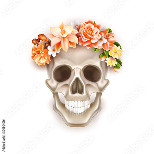 Vector dia de los muertos holiday poster with realistic skull with rose flowers, leaves wreath on head. Day of dead mexican traditional holiday like halloween. Festival spooky object