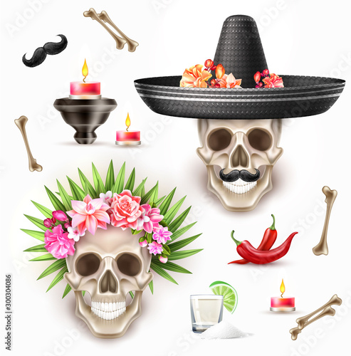 Vector dia de los muertos holiday set. realistic skull with rose flowers, leaves wreath sombrero, mustache, bones tequila shot, chili pepper Day of dead mexican traditional holiday like halloween.