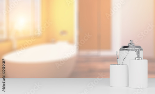set for the bathroom, toothbrush, jars, a container for liquid soap on a white table. on blurred background