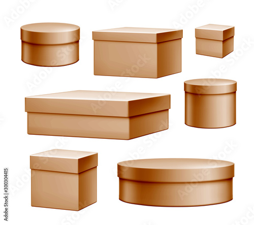 Vector brown cardboard packaging for birthday, anniversary new year, merry christmas or valentines day holiday presents, gifts design. Realistic seasonal sale, discounts elements