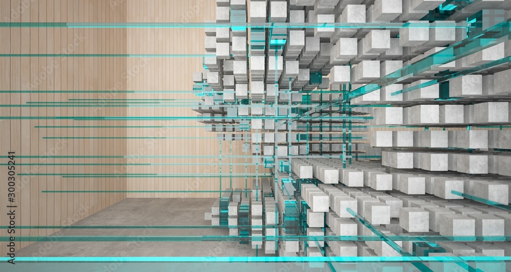 Obraz premium Abstract architectural wood and glass interior from an array of cubes with large windows. 3D illustration and rendering.
