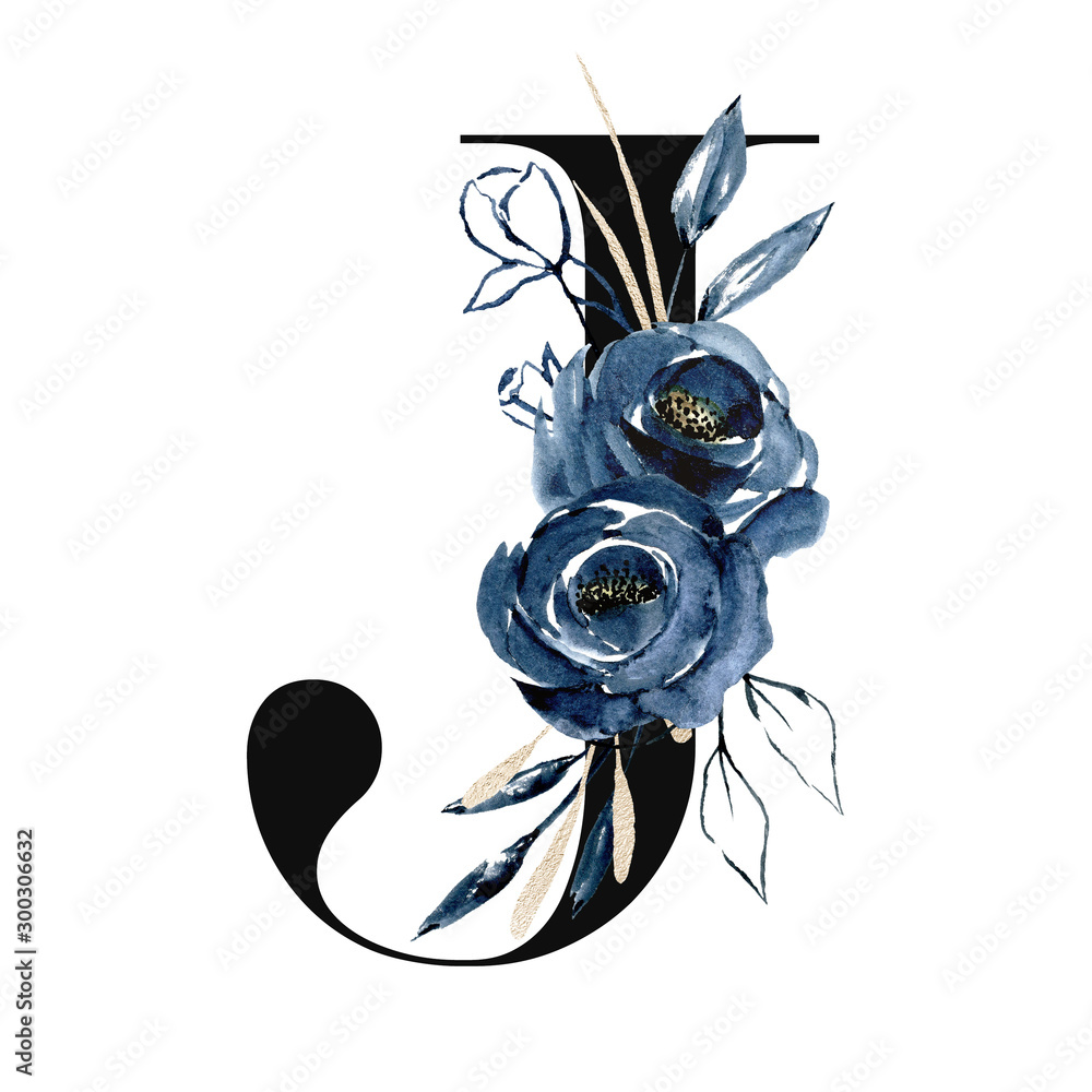 Floral alphabet, letter J with watercolor navy blue flowers and leaf