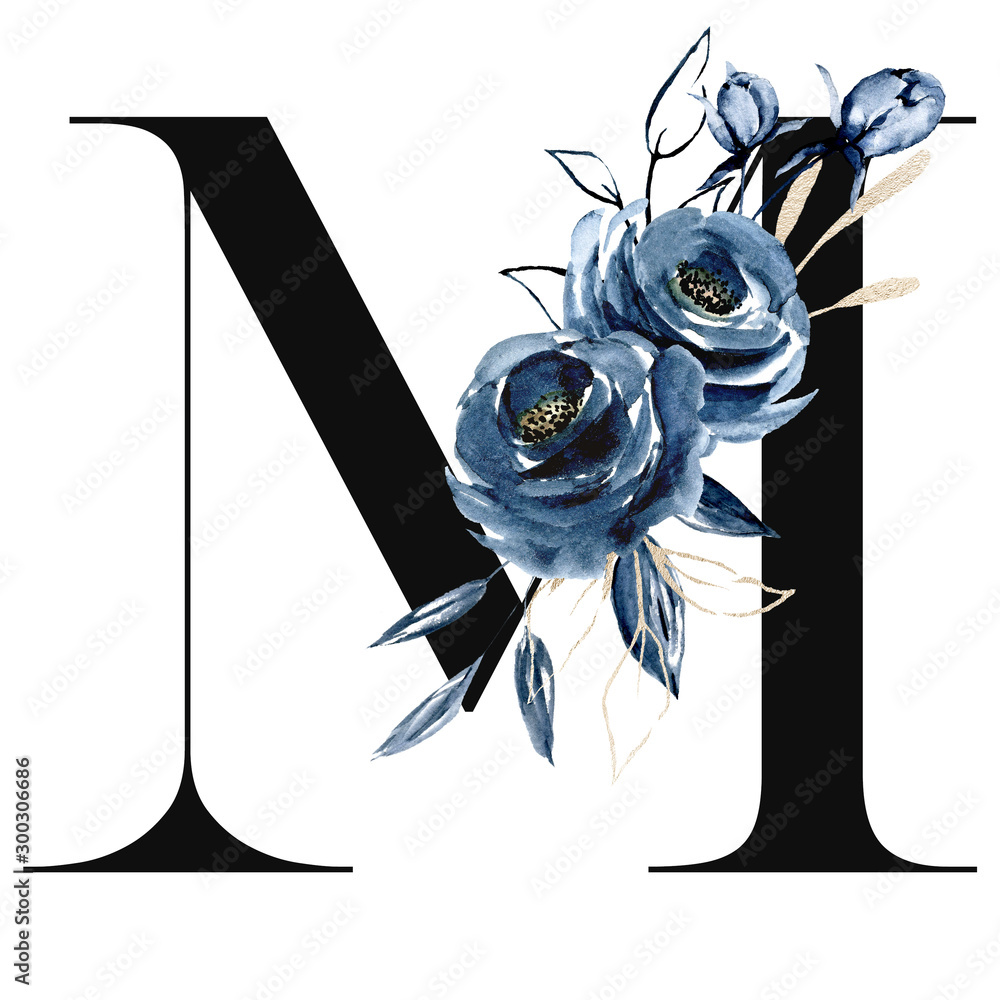 Floral alphabet, letter M with watercolor navy blue flowers and leaf.  Monogram initials perfectly for wedding invitations, greeting card, logo,  poster and other design. Holiday design hand painting. Stock Illustration