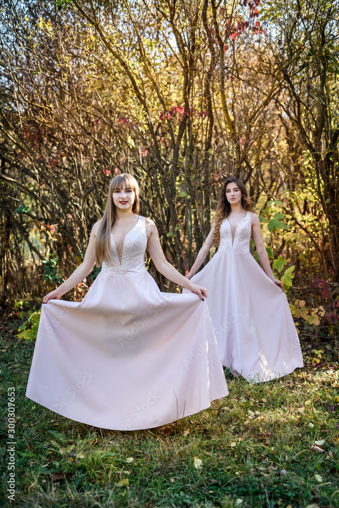 Fototapeta premium Two young princess wearing nice beige dress in autumn park. Fashion photo.