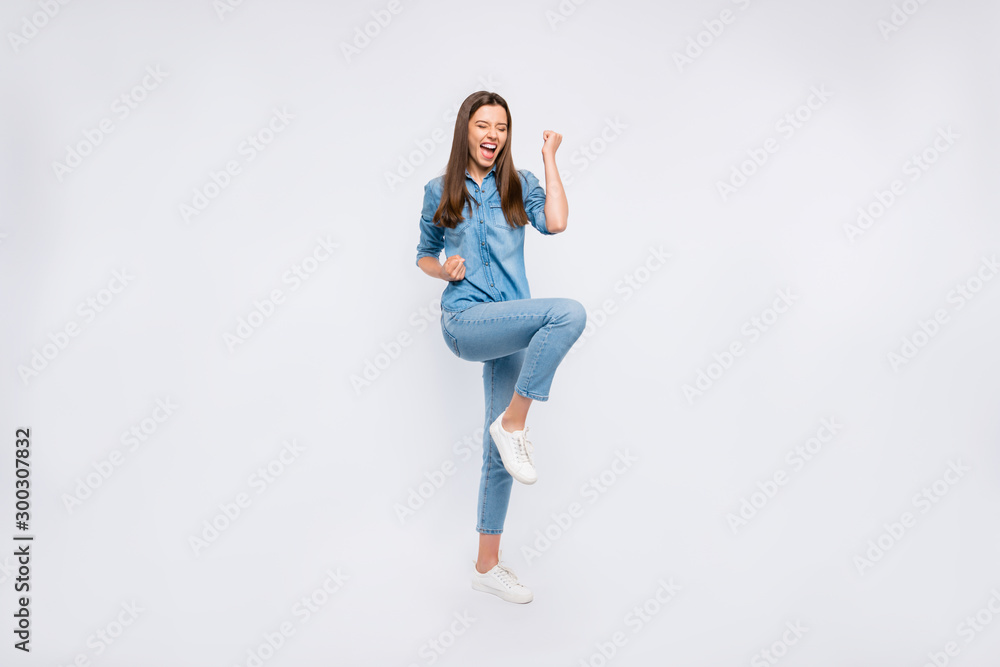 Full length body size view of her she nice attractive lovely ecstatic glad cheerful cheery positive girl having fun rejoicing celebrating attainment isolated over light white color background - obrazy, fototapety, plakaty 