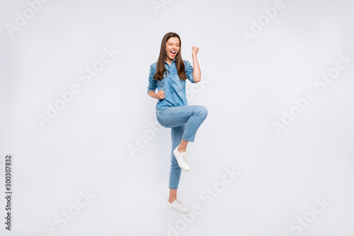 Full length body size view of her she nice attractive lovely ecstatic glad cheerful cheery positive girl having fun rejoicing celebrating attainment isolated over light white color background