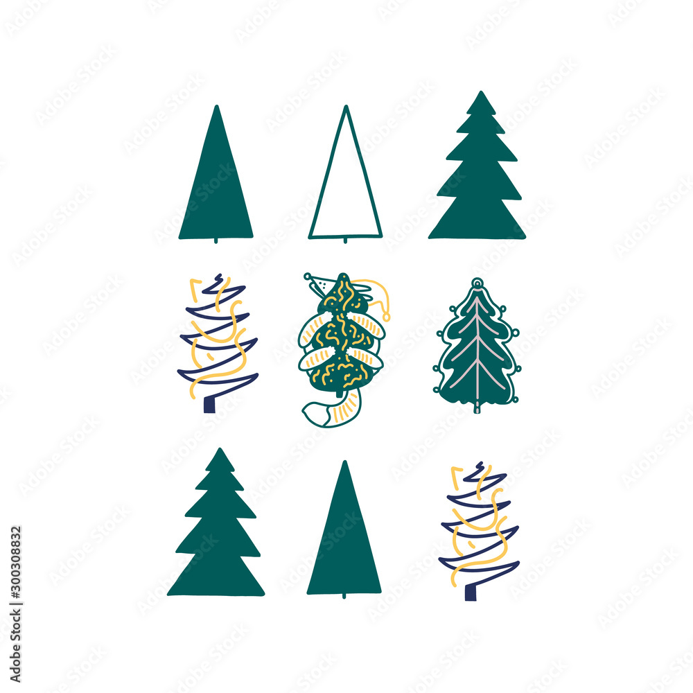 Obraz premium Christmas tree collection. Flat modern style. Fox hiding behind a Christmas tree