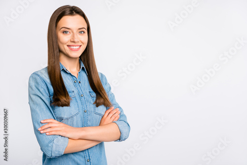 Turned photo of positive cheerful confident girl freelancer cross hands look listen what should solve decide choose on her work wear casual youth style clothes isolated over white color background